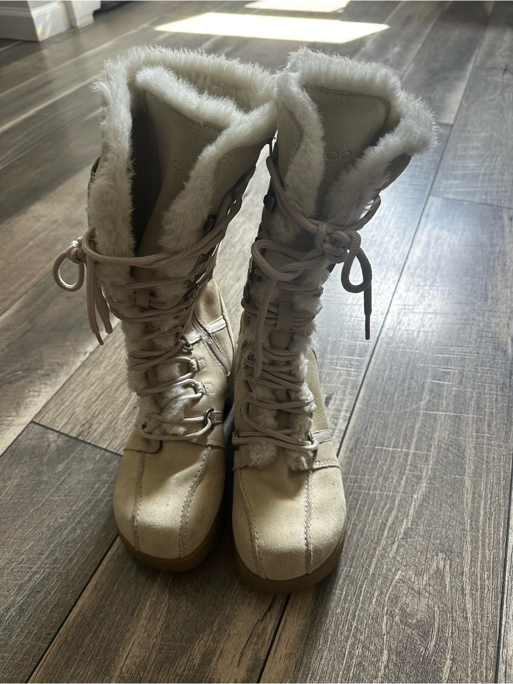 Aldo Beige Lace-Up Faux-Fur Winter Boots